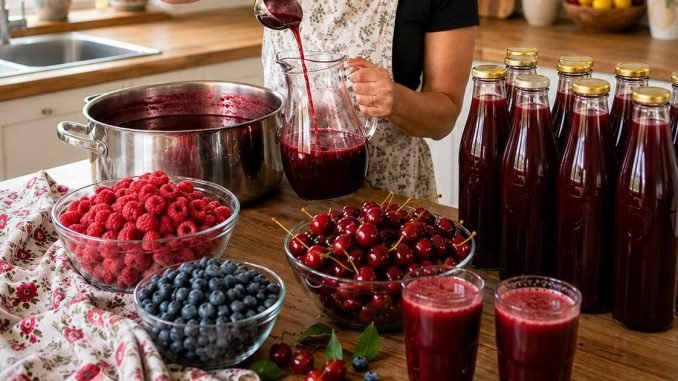 De 3 kg de frambuesas, 2 kg de cerezas y 1 kg de arándanos obtengo 11 litros de zumo casero