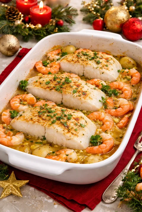 Merluza al horno con gambas