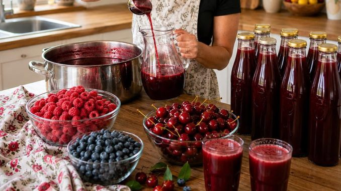 De 3 kg de frambuesas, 2 kg de cerezas y 1 kg de arándanos obtengo 11 litros de zumo casero